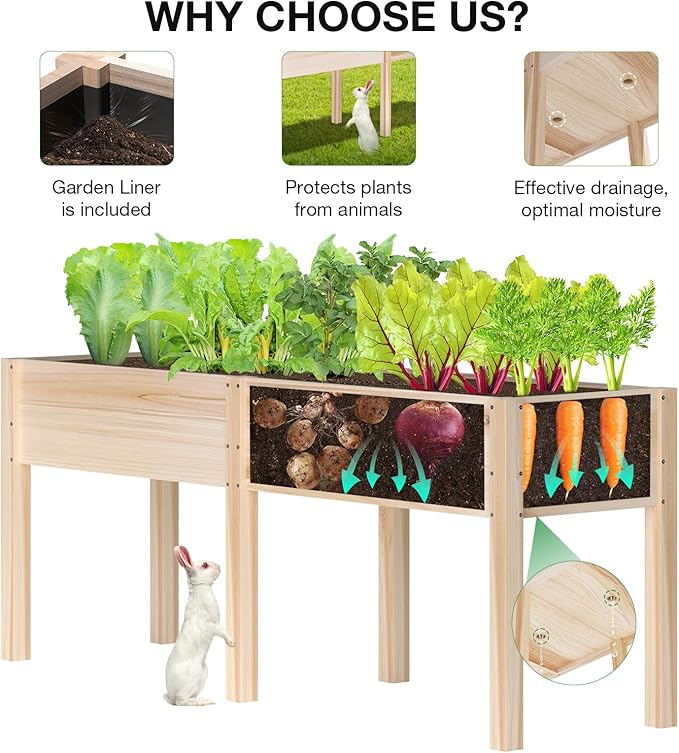 MIXC 72”L X 23”W Raised Garden Bed Outdoors with Legs Elevated Reinforced Wooden Large Planter Box for Backyard Patio Balcony w/Divider Panel 6 Legs 300lb Capacity