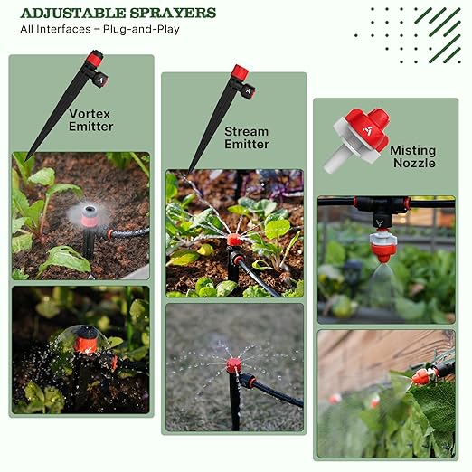 A ANLEOLIFE 230FT Drip Irrigation System Kit Complete Garden Watering System with 1/2” &amp 1/4” Quick-Connect Tubing 32 Adjustable Emitters for Raised Beds Lawn Greenhouse Potted Plants
