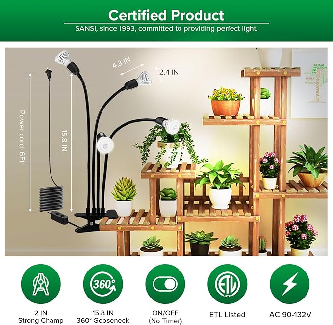 SANSI LED Grow Lights for Indoor Plants 600W Full Spectrum Gooseneck Clamp Grow Lamp 40W Power Plant Light with High PPFD for Seeding Lifetime Free Bulb Replacement Plant Lights for Indoor