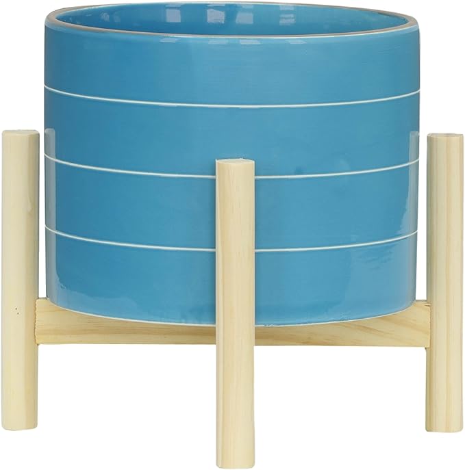 8 Striped Planter W Wood Stand SkyBlue