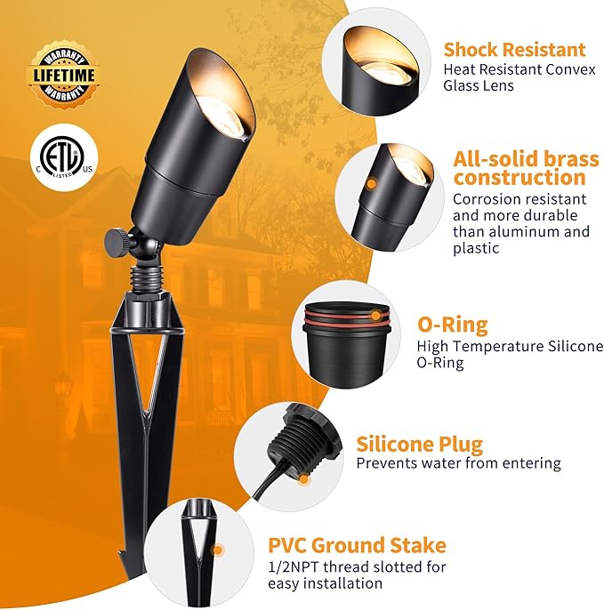Gardenreet Outdoor Black Brass Wired Landscape Lights Kit (12 Spotlights 6 Path Lights) with 300W 12V Transformer and 250 Feet Cable and 50 Pack Wire Connectors for Outdoor Garden Patio Sideway