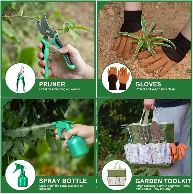 9-Piece Premium Gardening Tool Set for Women - Heavy Duty Stainless Steel Rust-Proof Tools with Fashion Storage Tote | Perfect Gardening Gifts for Mom Mother's Day Birthday &amp Outdoor (Green)