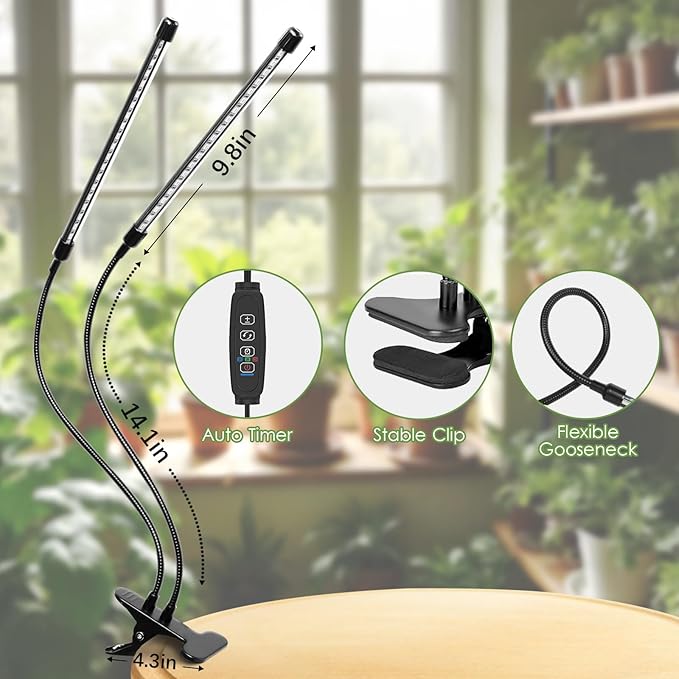 2 Heads Red Blue Grow Lights for Indoor Plants Clip On LED Plant Light Plant Growing Lamp with 3/9/12H Timer 3 Light Modes Adjustable Gooseneck(Clip-4Head)
