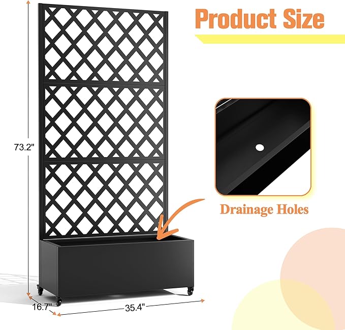 Metal Raised Garden Bed with Diamond Lattice Trellis Outdoor Planter Box for Climbing Plants Vegetables Vines Galvanized Garden Box with Drainage Holes and Wheels Black (35.4L x 16.7W x 73.2H)