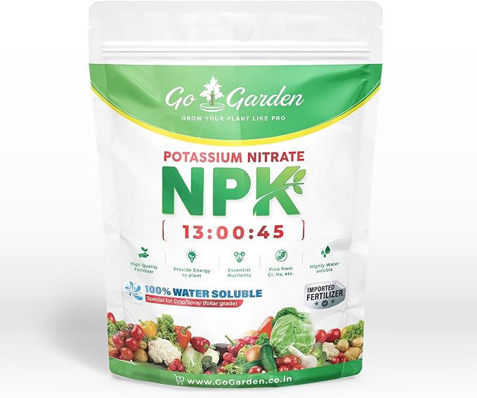 Go Garden Potassium Nitrate KNO3 NPK 13-0-45 Fertilizer | 100% Water Soluble Crystalline Powder | Multi-Purpose for Indoor &amp Outdoor Plants | Enhances Growth &amp Resistance | 900 G