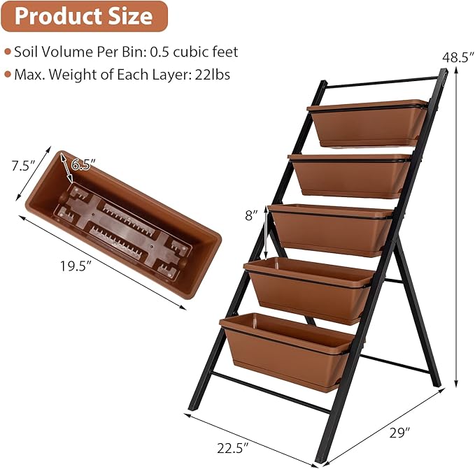 Giantex Vertical Planter Raised Bed Elevated Garden Beds with Water Drainage Hole Freestanding 5 Container Boxes for Herb Vegetables Flowers Growing Outdoor Indoor Patio Balcony (Brown 1)