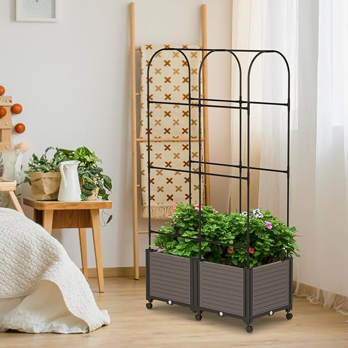 Raised Garden Bed Planter Box with Trellis 72.8'' Tomato Planters for Climbing Plants Vegetable Vine Flowers Outdoor Patio Tomato Cage Self Watering Planter with Wheels