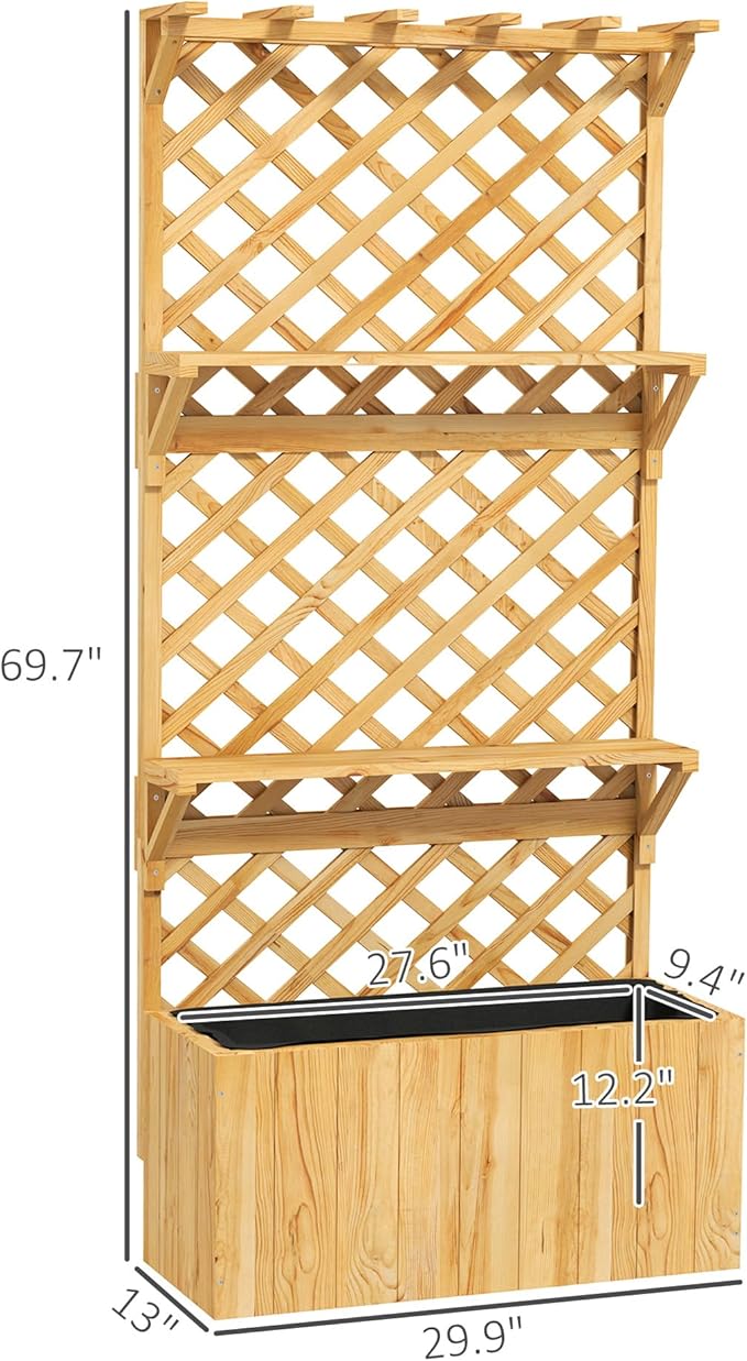 Wooden PlanterRaised Garden Bedwith Trellis Hanging Roof Plant Shelf Drainage Holes and Bed Liner