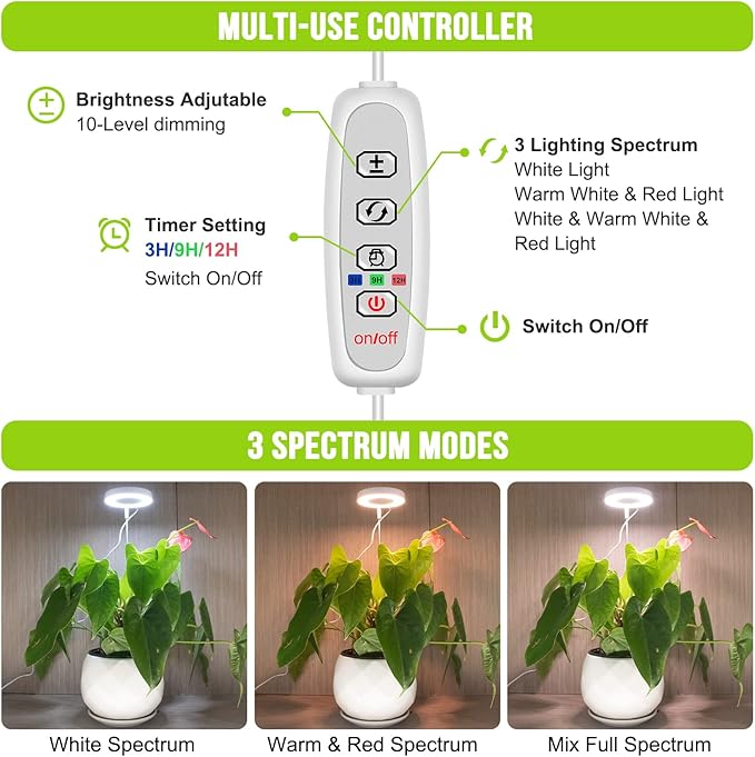 Grow Lights for Indoor Plants 48 LEDs Full Spectrum Halo Plant Grow Light Height Adjustable Growing Lamp with Detachable Base 3/9/12Hrs Timer 10 Brightness 3 Color Modes 5 Pack