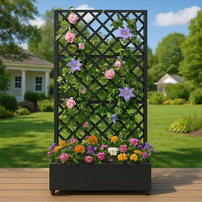 PeakPursuit 72x35IN Metal Planter Box with Trellis and Wheels-Indoor and Outdoor Privacy Screen Planters Heavy Duty Raised Garden Bed with Trellis for Patio and Yard