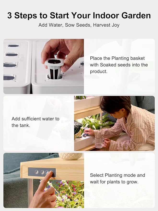 GROWNEER HydroEasy1.0 Hydroponic Growing System 2-Tier Indoor Garden with Full-Spectrum LED Grow Lights 32 Pods Solid Wood Design Independent Water Circulation Ideal for Vegetables Herbs Pine