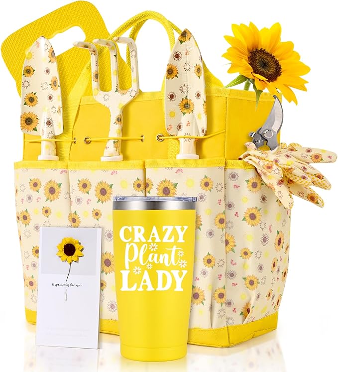 Gardening Gifts for Women Gardening Tools for Women 9 PCS Sunflower Garden Tools Set Kit with Garden Tool Bag Mother's Day Birthday for Gardener Mom Grandma Aunt Yellow