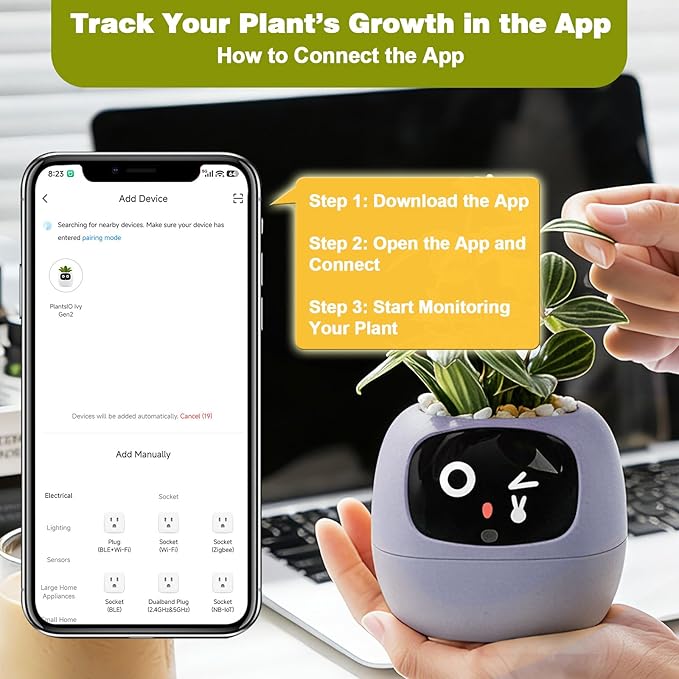 Smart Planter with App Control Self-Watering AI Plant Pot with LCD Display Interactive Desk Plant Companion for 100+ Plants Smart Indoor Planter with Pomodoro Timer80ml ReservoirCalendar-Purple