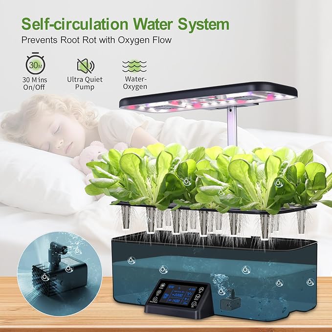 17-Pods Hydroponic Growing System with Dual Fans 24W Full-Spectrum Grow Light &amp Smart Control Panel for Indoor Gardening for Vegetables Herbs