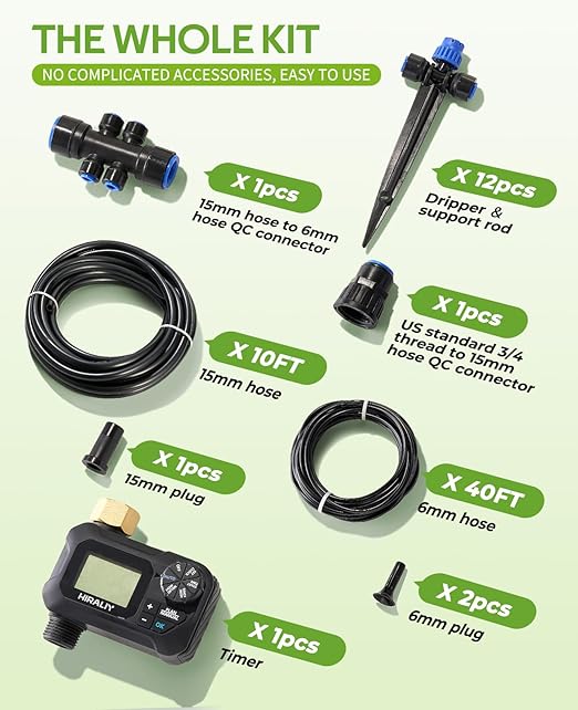 HIRALIY 50FT Automatic Drip Irrigation Kits with Garden Timer Garden Watering System for Patio Lawn Quick Connector Design Irrigation System Kit with Easy Programmable Water Timer
