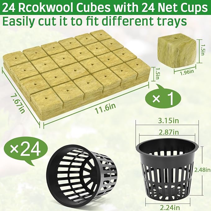 Halatool 24 x 2-Inch Rockwool Cubes &amp 24 x 3-Inch Net Cups - Hydroponics Starter Kit for Plants Cloning Seed Starting and Patio Gardening - Durable Effective Great Gift Option