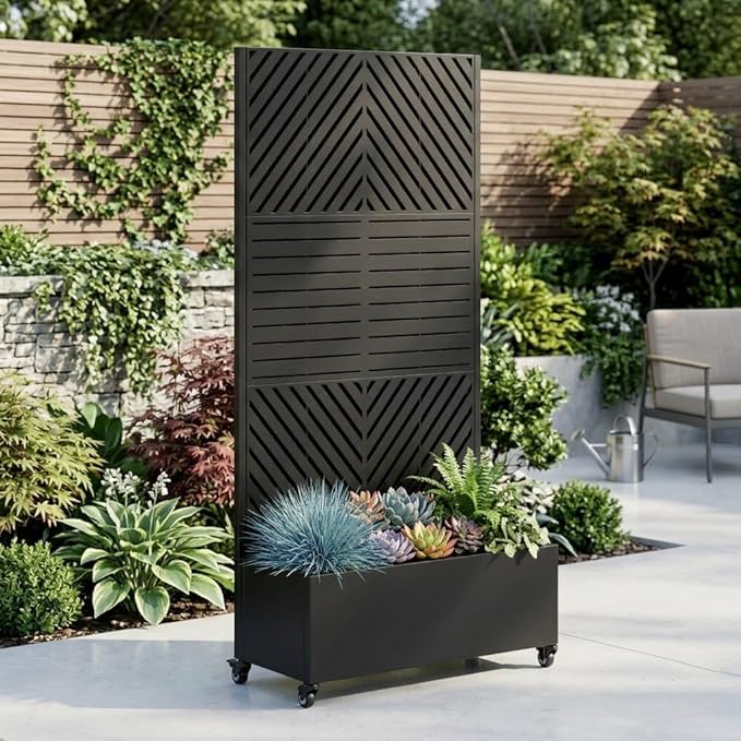 Metal Planter Box with Trellis Outdoor Raised Garden Bed with 4 Wheels Trellis Features Drainage Holes 72X47X16 Privacy Screen with Planter Box for Climbing Plants Vegetables (A-Black)