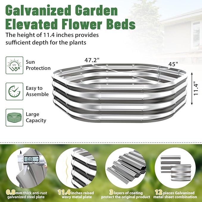 Hexagon Raised Garden Bed 48 Inch Diagonal &amp 12 Inch Tall Galvanized Steel Planter Box with Wave-Shaped Metal Panels for Outdoor FlowerTreeHerb &amp Vegetable Garden (Silver 4FT X 1FT)