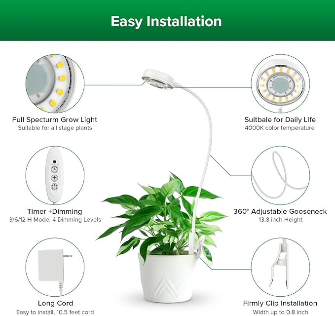 SANSI Grow Lights for Indoor Plants Pot Clip LED Plant Light 10W 2-Pack +5W 2-Pack 4-Level dimmable 3/6/12 Hours auto Timer Plants Lights for Indoor Growing