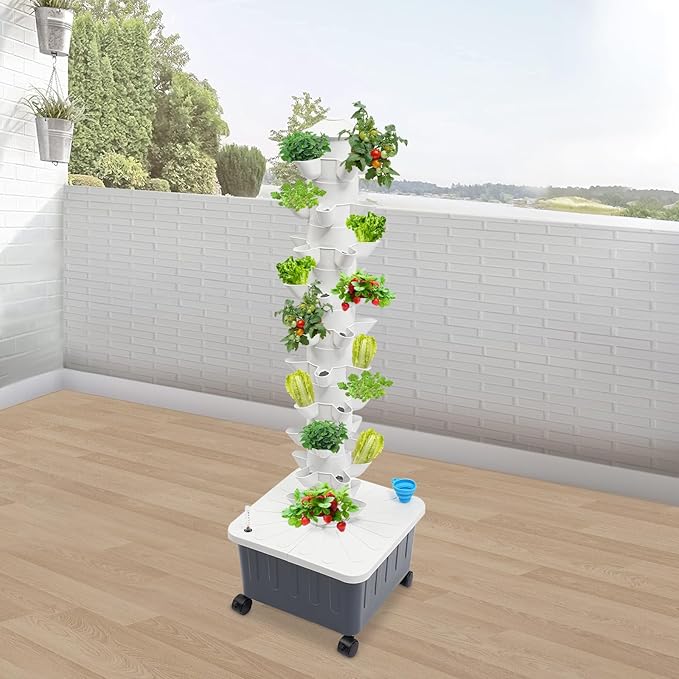 Hydroponic Growing Tower Set Vertical Vegetable Plant Tower w/Seedling Box Water Level Gauge &amp Fan Water Injection Design for Gardening Enthusiasts (50-Hole)
