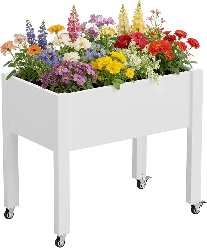 Raised Garden Bed with Legs 26.3 Tall Elevated Planter Box with Drainage Holes Water Gauge Lockable Wheels Weatherproof Resin Design for Vegetables and Flowers for Backyard Patio Balcony(White)