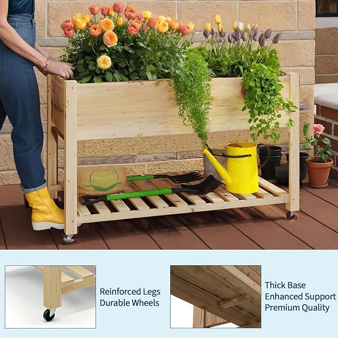 PioneerWorks 32 Tall Raised Garden Bed Elevated Wooden Horticulture Planter Box with Wheels &amp Shelf for Mobility Waterproof Liner Included 220 lbs Capacity for Outdoor/Indoor Use(Natural)