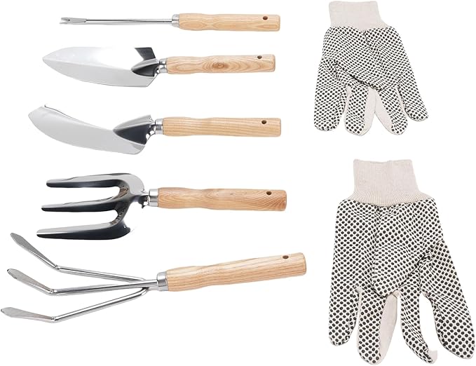 6 in 1 Garden Tools Set Stainless Steel Shovel Trowel Weed Puller Hand Rake Fork with Canvas Gloves for Planting Vegetables Flowers Potted Plants