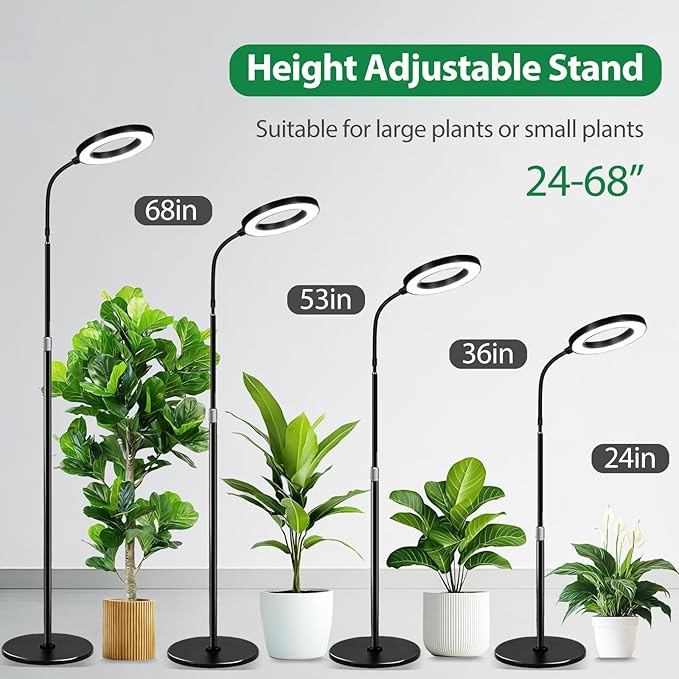 Floor Grow Lights for Indoor Plants Full Spectrum Plant Light with 68 Stand for Growing Large Tall Plants Black Halo Grow Lamp with 3/9/12H Timer 10 Light Modes 5 Dimming