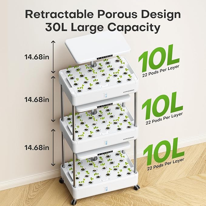 Ahopegarden Indoor Garden Hydroponics Growing System Kit: 66 Pods Plant Herb Garden Germination Kit with LED Grow Light 30L Large Capacity Kitchen Hydroponics Planter Grower for Vegetable Fruit