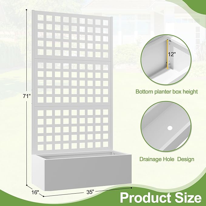 Metal Raised Garden Bed Trellis Planters Bed with Drainage Holes for Climbing Plants Vegetables Outdoor Privacy Screen with Planter Box 73x35x16 White