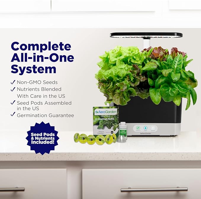 AeroGarden Harvest Indoor Garden Hydroponic System with LED Grow Light and Herb Kit Holds up to 6 Pods White
