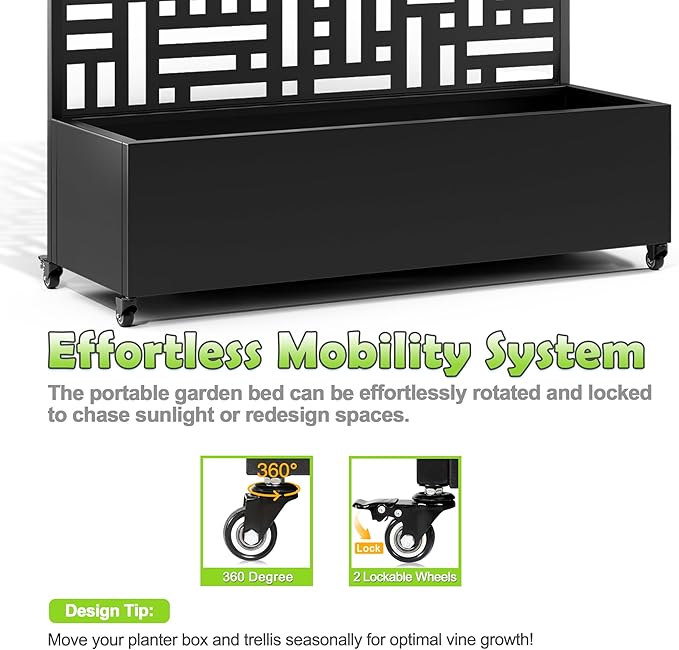 Metal Trellis Planter Box for Patio Large Raised Garden Bed with Trellis and Wheels Outdoor Privacy Planters for Climbing Plants Features Drainage Holes and Privacy Screen (47 L Black Helen)