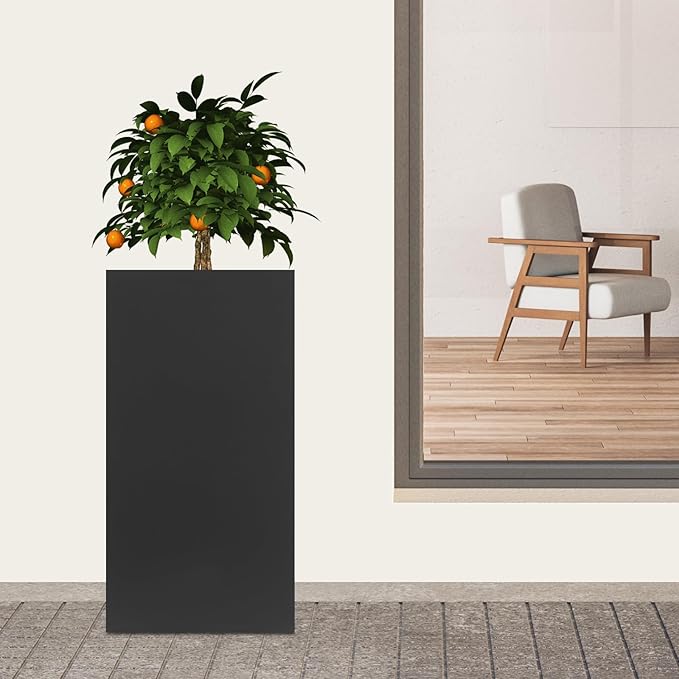 LYNICESHOP Modern Black Planter Box 16x16x30in Galvanized Steel Raised Bed Outdoor Garden Flower/Veggie Pot Rustproof Easy Assembly Contemporary Metal Decorative Pot Gloves Included