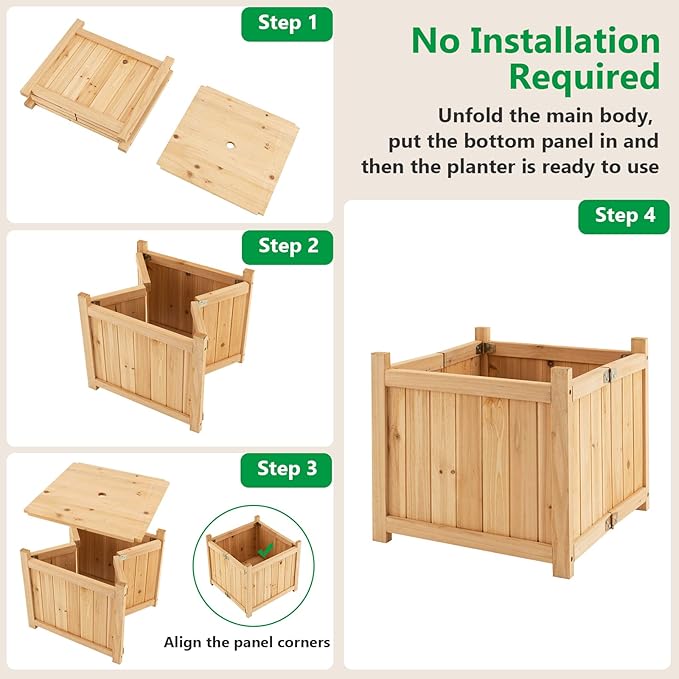 LDAILY Foldable Raised Garden Bed Easy Assembly Raised Bed with Bottom &amp Drainage Hole Wood Planter Box for Flowers/Vegetables/Fruits in Backyard Patio (15 L x 15 W x 14 H)