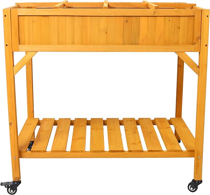 Elevated 8 Pocket Herb Garden Bed Mobile Raised Customizable Wood Planter for Herbs Vegetables Flowers w Lockable Wheels Storage Shelf Drainage Holes