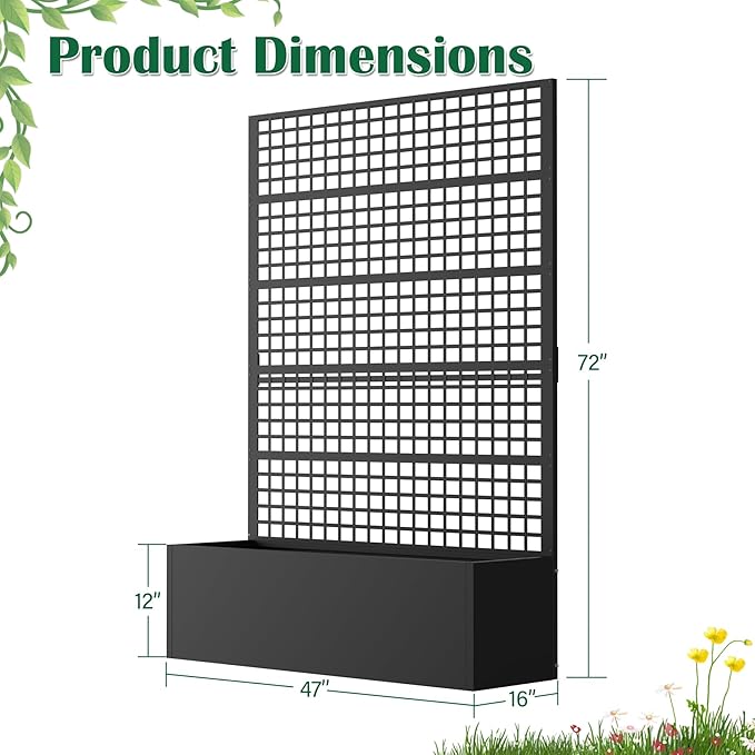 Metal Planter Box with Trellis 47 L x 16 W x 72 H Raised Garden Bed with Privacy Screen Privacy Planters for Climbing Plants Flowers Vegetables Fruits
