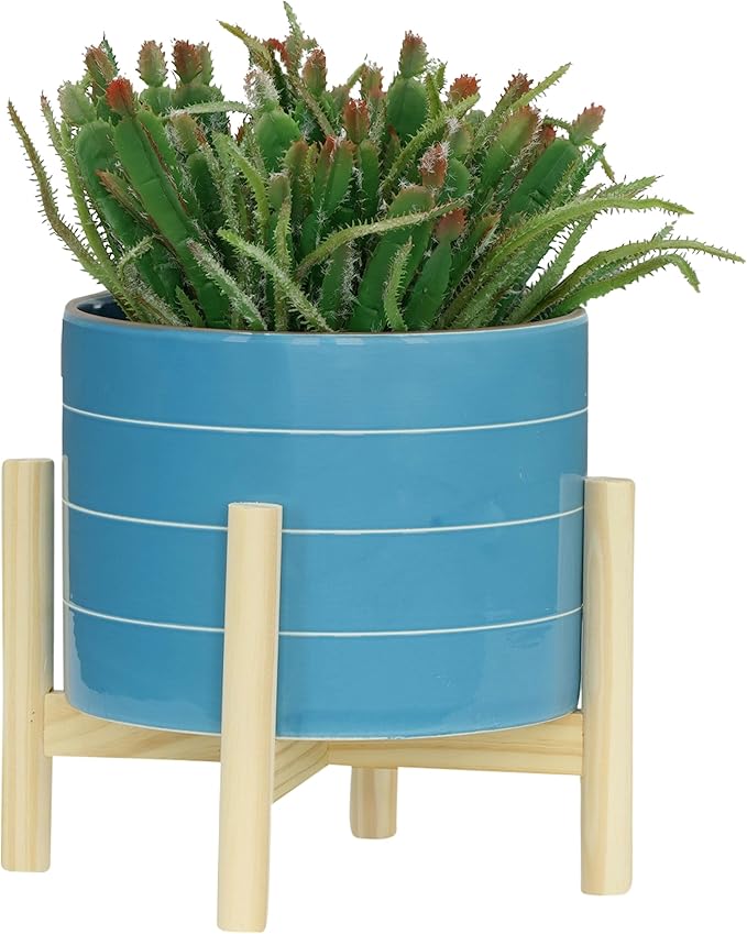 8 Striped Planter W Wood Stand SkyBlue