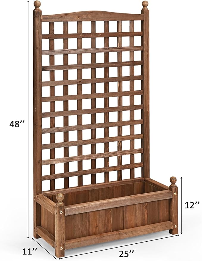 2 Pcs Raised Garden Bed with Trellis 25 x 11 x 48 Inch Wood Planter Box w/Drainage Holes Freestanding Planter for Climbing Plants Flowers Vines Outdoor Patio Yard Balcony