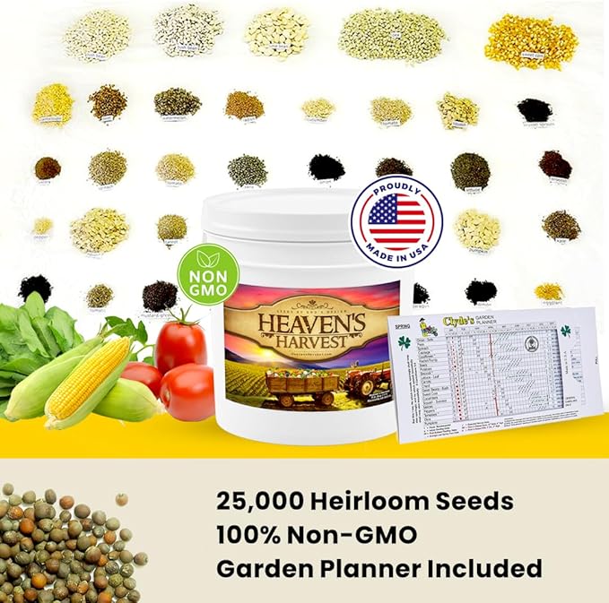 Heaven’s Harvest - 10 Year Survival Or Homestead Garden | 25k+ Heirloom Vegetable Seed Bank Kit | Includes Free Clyde’s Garden Planner &amp Seed Vault Storage Drum | Non-GMO