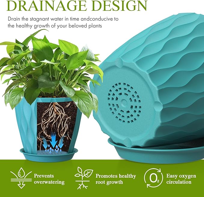 8 Inch Plant Pots with Saucers (4 Pack) - Modern Ribbed Flower Pots for Indoor Plants - Sturdy Decorative Planters for Snake Plant &amp Flowers - Drainage Holes (4 Blue)