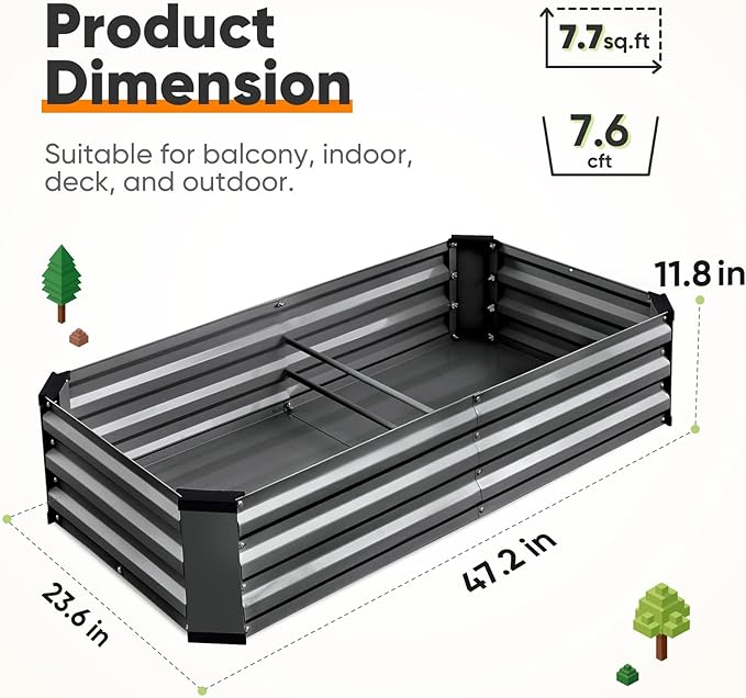 KING BIRD Raised Garden Bed Kit with Bottom 2025 Upgraded Galvanized Planter Garden Box Outdoor &amp Indoor for Gardening Vegetables Flowers Dark Grey 47.2x23.6x11.8 in