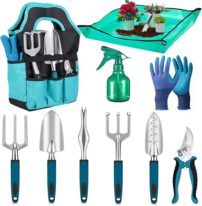 10-Piece Garden Tool Set - Heavy Duty Lightweight Aluminum Alloy Gardening Tools with Storage Tote Bag Rust-Proof Gardening Hand Tools &amp Non-Slip Ergonomic Grip Ideal Gardening Gifts for Women