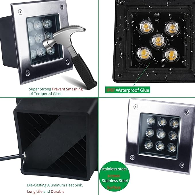 Ground LED Landscape Lights - Recessed Underwater Light Ground Led Lights Square Buried Light IP67 Waterproof Floor Spotlight for Gardens StairsBlanc-9W