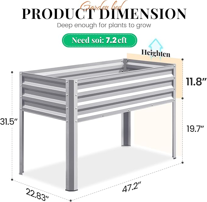KING BIRD Large Raised Garden Bed with Legs Galvanized Elevated Planter Box 48×24×32 in for Backyard Patio Balcony 400lb Capacity Silver 2pcs