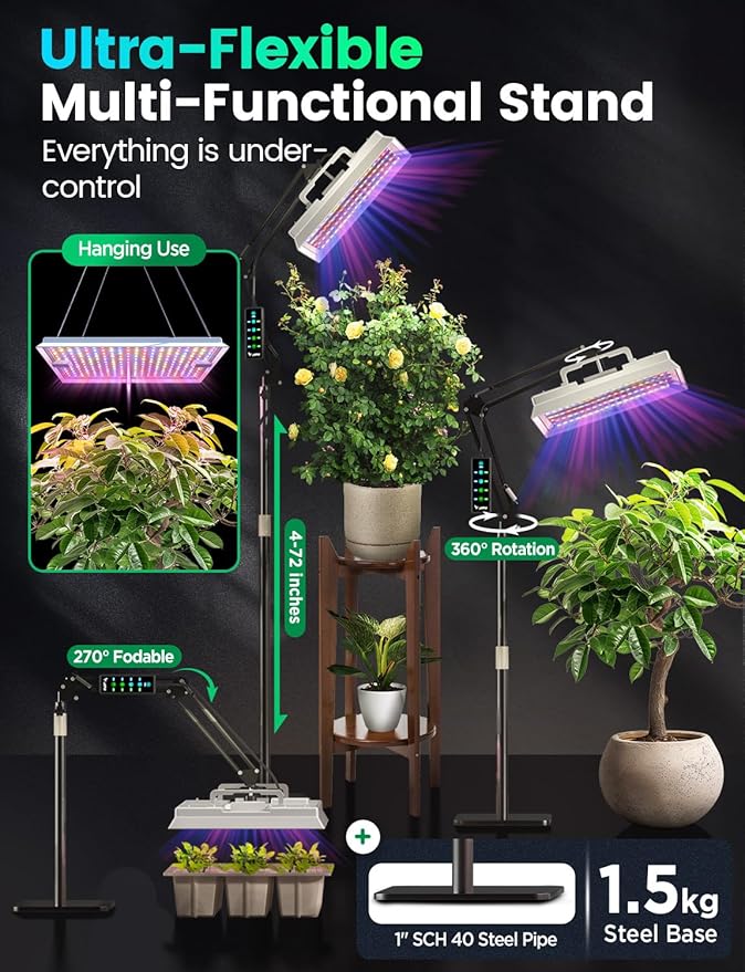 LETPOT 100 Watt (Max 120W Output) Grow Lights for Indoor Plants Full Spectrum Smart APP 8-Level Adjustable Light Hanging &amp Standing 270° Foldable 360° Rotation 2x33x418000 Lumens High ppf