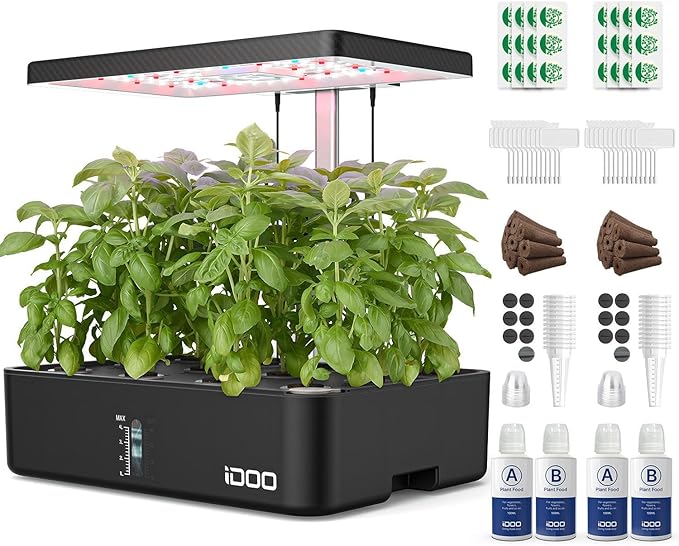 iDOO Hydroponics Growing System Kit 12Pods Christmas Gifts for Women Mom Herb Garden Indoor with LED Grow Light for Home Built-in Fan Auto-Timer Adjustable Height Up to 11.3 12Pods Kit-Black