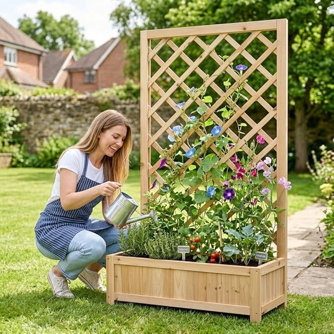 Wooden Raised Garden Bed with Trellis 47 Outdoor Planter Box for Climbing Plants Vertical Natural Wood Garden Planter for Vegetables Flowers &amp Vines Lattice Plant Support for Patio Yard Balco