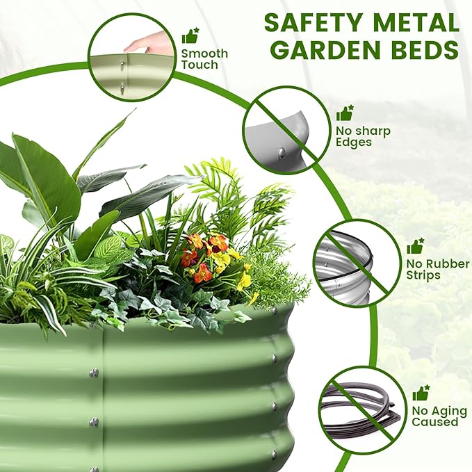 3 Pcs 2x2x1ft Round Galvanized Raised Garden Bed Kit with Tomato Cages Metal Planter Box Outdoor Raised Garden Beds for Gardening Vegetables Flowers Green