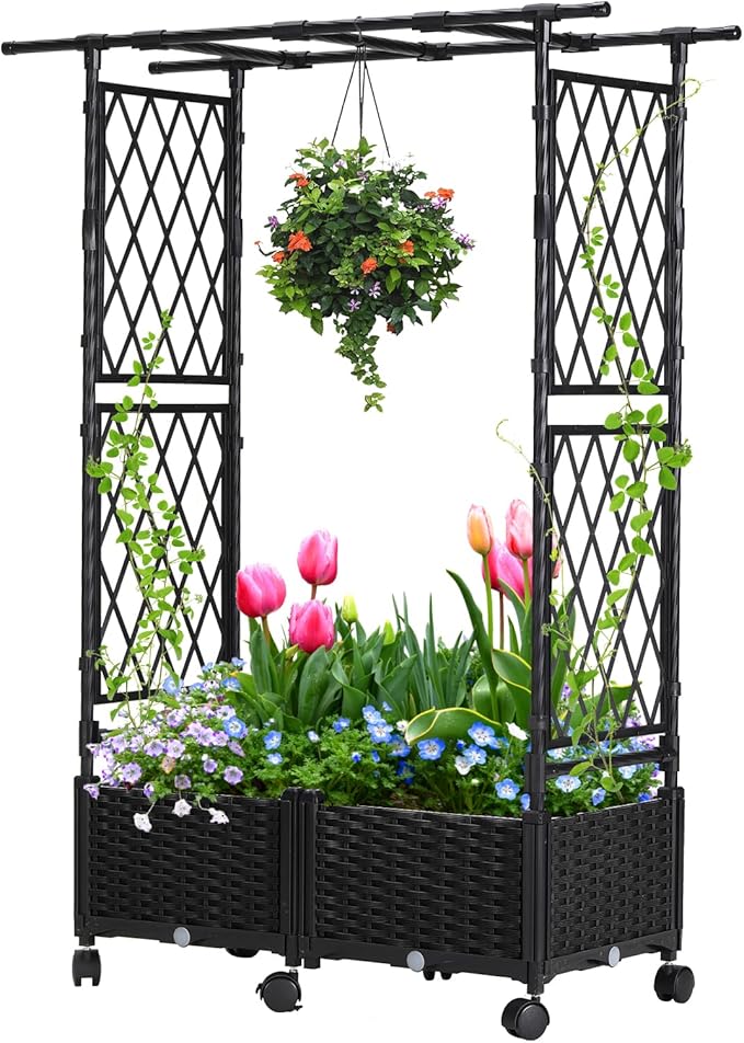 Lalahoni Planter with Trellis 4.5ft Trellis Planter Self-watering Box with Wheels for Outdoor Plants Tomato Flower Vegetable Herb Vine Garden Patio Plastic Raised Bed Trellis with Drainage Hole 1PC