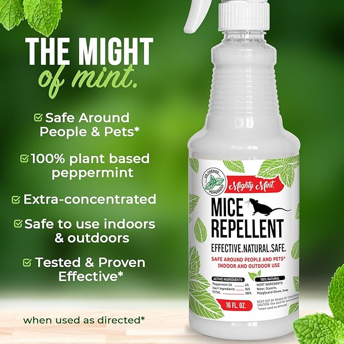 Mighty Mint Peppermint Oil Mouse Repellent Spray – Natural Indoor &amp Outdoor Control for Mice and Rodents – Plant-Based Extra-Strong Formula - 16 oz (Pack of 2)